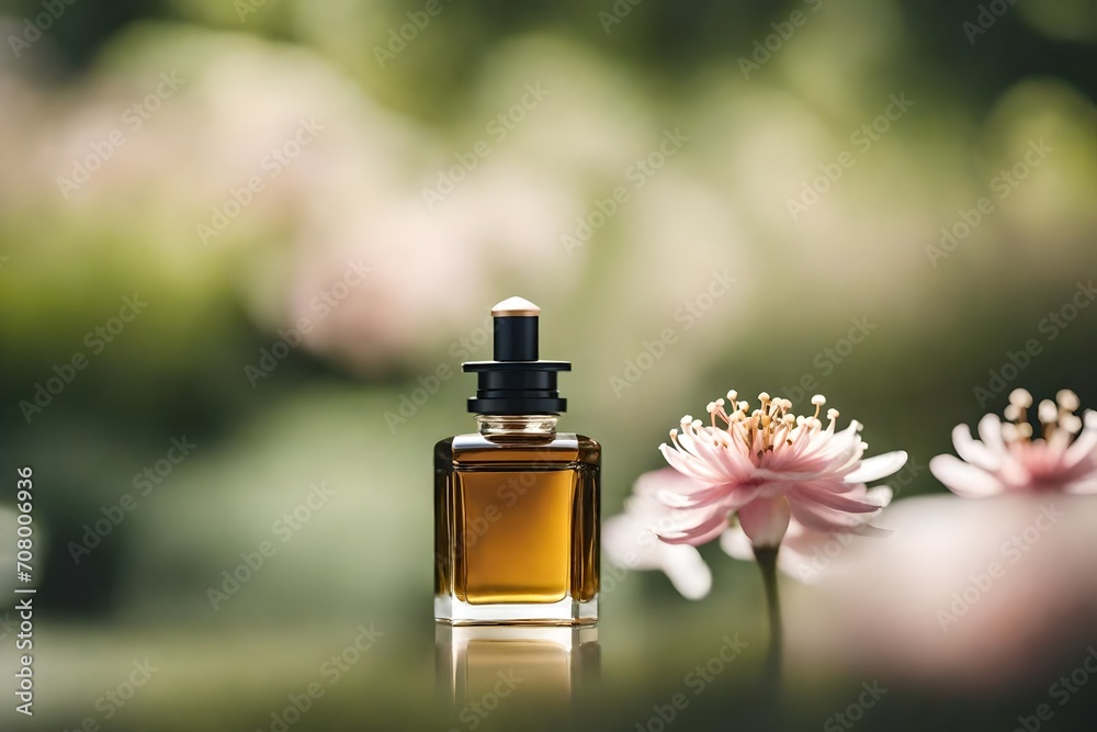 tiny and minimalist perfume flacon on soft blurry floral background tiny and minimalist perfume flacon on soft blurry floral background