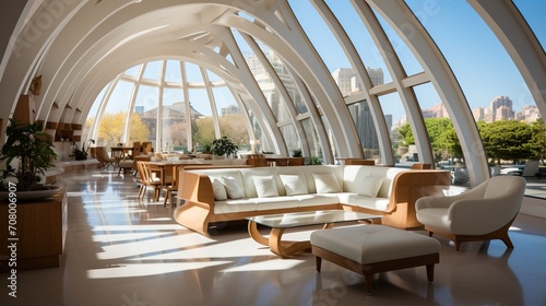 Modern living room interior design with large windows