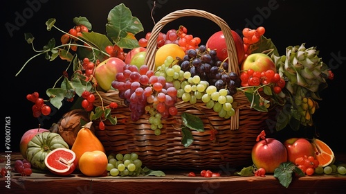 a close-up on a colorful basket brimming with succulent fruits, their juicy textures and radiant colors promising a delightful feast for the senses,