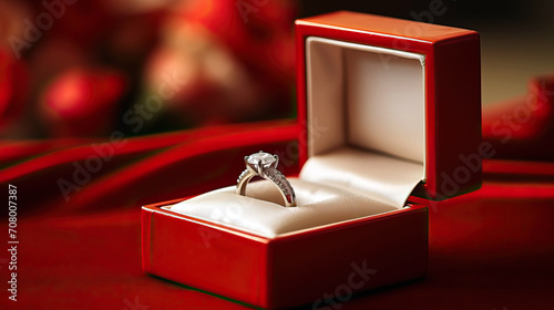 Engagement ring in a red box on a served table for Valentine's Day, birthday, anniversary, wedding close up photo