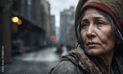 Portrait of a homeless woman in her 50s in front of a tent city background - AI generated