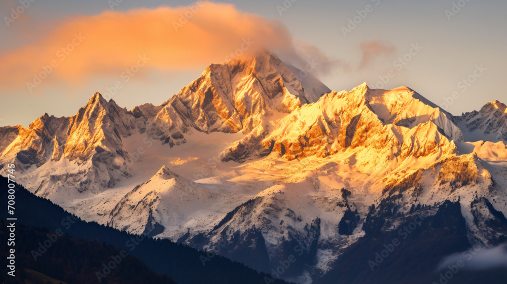 A majestic mountain range with snow-capped peaks at sunrise.