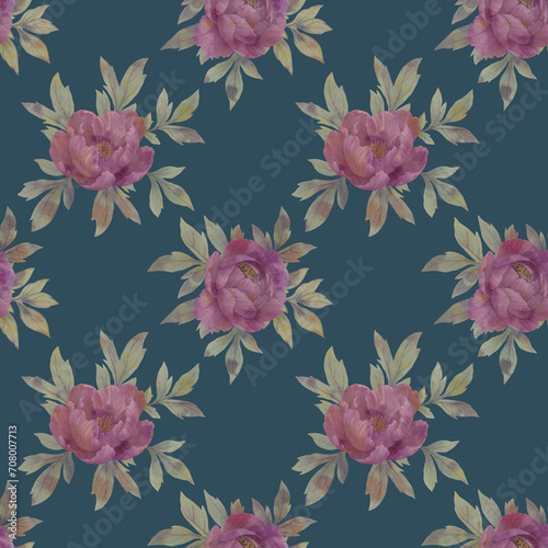 seamless floral pattern, watercolor peonies with leaves, abstract background © Sergei