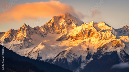 A majestic mountain range with snow-capped peaks at sunrise.