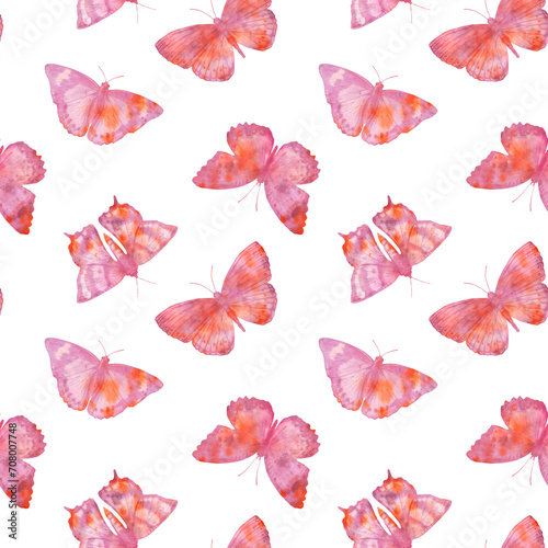 Pink watercolor butterflies on a white background, seamless botanical pattern for polygraphy design