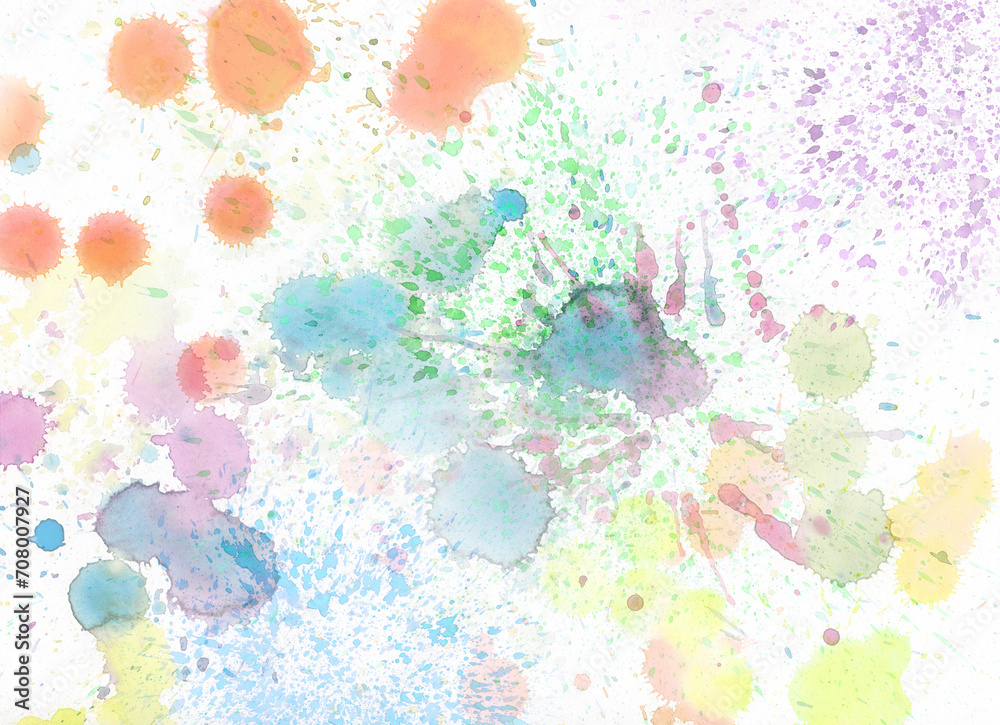 splashes and spots of multi-colored watercolor paint on white paper, colorful abstract background for design