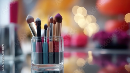 Makeup cosmetics on a table. Beauty industry background.