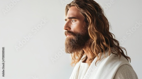 A man with long, wavy blond hair and a beard appears thoughtful while gazing to the side. photo