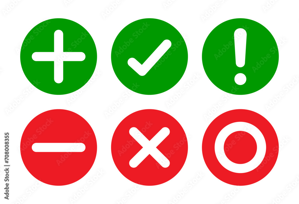 Obraz premium Right, wrong, minus, plus, exclamation and circle mark set flat style in green and red color. Right wrong symbol icon simple rounded style. Right, Wrong, Exclamation mark color. Vector Icon.