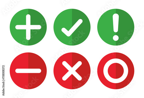 Right, wrong, minus, plus, exclamation and circle mark set in colored minimal style. Right wrong symbol icon two shades style. Right, Wrong, Exclamation mark. Vector Icon. photo