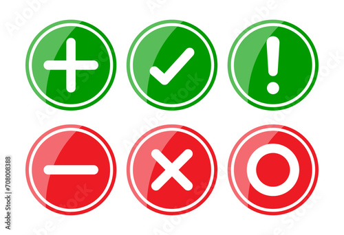 Right, wrong, minus, plus, exclamation and circle mark set in glossy style. Right wrong symbol icon shining style. Right, Wrong, Exclamation mark color. Vector Icon.