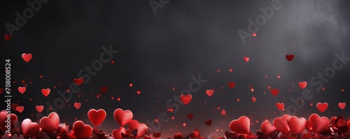 Valentines Day abstract blurred background background with red hearts with copy space. Festive pattern. Banner.