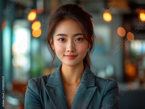 portrait of a successful Asian female entrepreneur wearing a suit, arms crossed in front of her chest, office background