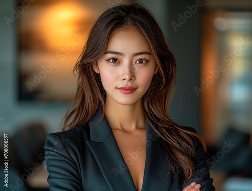 portrait of a successful Asian female entrepreneur wearing a suit  arms crossed in front of her chest  office background