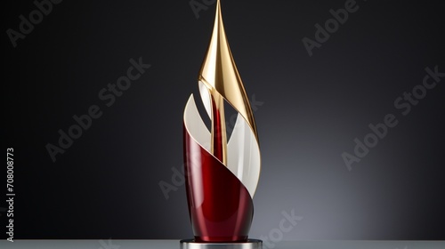 A dynamic cone-shaped award trophy featuring bold tones of crimson and gold, capturing the spirit of achievement and success, showcased against a backdrop of pure white elegance.