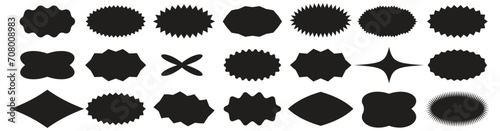 Sticker shapes of starburst, stars and sunburst. Vector round badge, circles icons with burst for promo sale, price label, tag and banners. Set of black simple sun button on white.Retro blank designs.