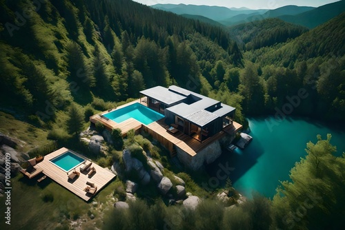 A bird's-eye view of a mobile home with swimming pool parked at the edge of a cliff, offering breathtaking vistas of the forest valley below.
