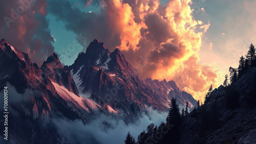 A panoramic scene of a rugged mountain range with a colorful twilight sky