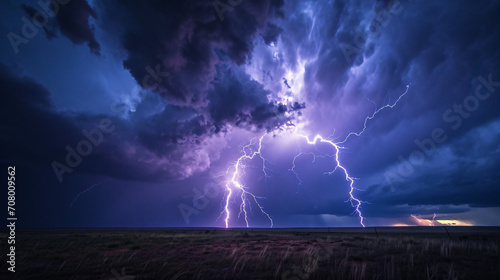 A lightning storm over a barren landscape with multiple lightning strikes and a foreboding sky.