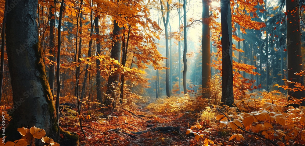 A panoramic shot of a dense deciduous forest in the height of fall, with vibrant foliage