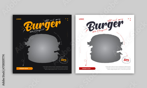 Food social media banner design. Social media post vector template. Burger poster square size.