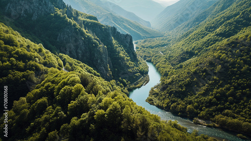 A panoramic shot of a tranquil river winding through a lush valley