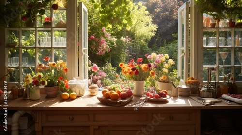 a photograph of a sunlit kitchen, with glass doors opening to a vibrant garden, allowing the natural elements to become an integral part of the interior, where the scent of blooming flowers mingles  photo