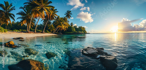 A panoramic shot of a tropical beach with palm trees and crystal-clear water at sunrise