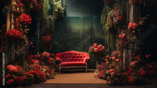 a rich and textured backdrop where vivid red and green shades intermingle, creating an immersive and inviting atmosphere reminiscent of a lush, natural landscape.