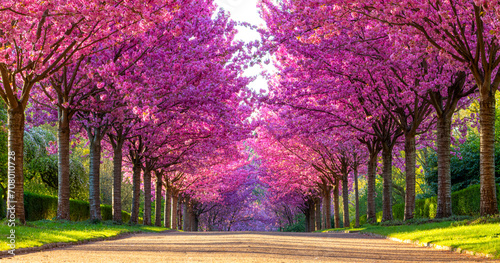 Fototapeta Naklejka Na Ścianę i Meble -  Alleyway of blooming colorful japanese cherry trees (Prunus serrulata 'Kanzan') in Rombergpark garden in Dortmund on a sunny April morning. Panorama with vibrant pink flowering trees in perfect rows.