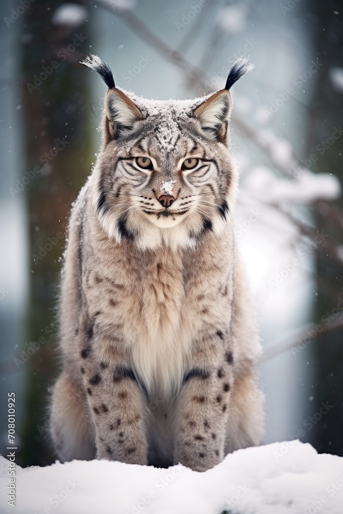 Obraz premium European lynx in a snowy forest in the winter.