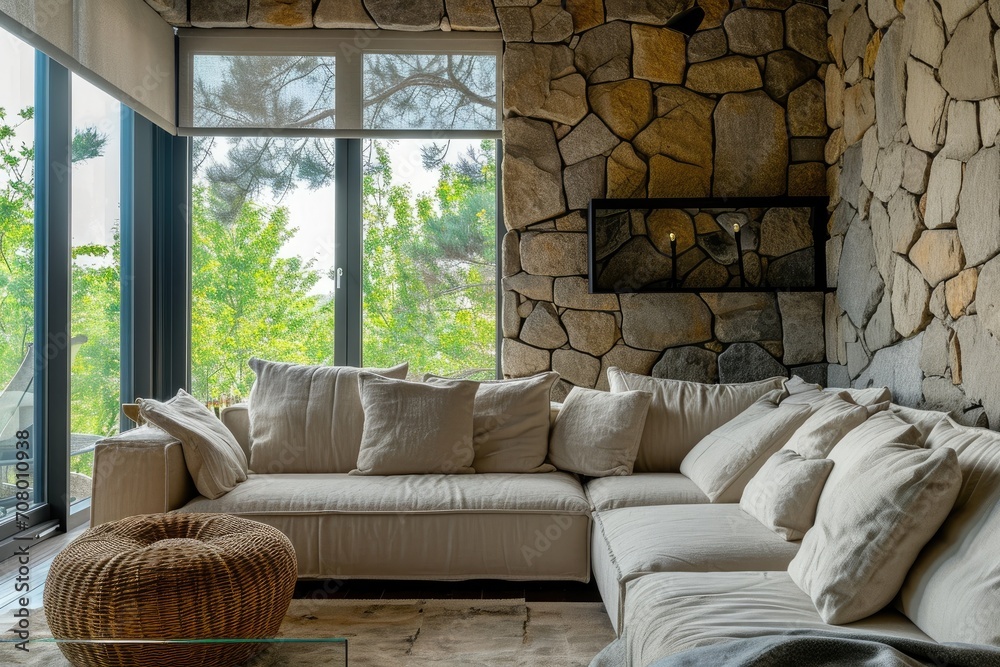 Obraz premium A corner sofa against a window in a room with stone wall cladding. Modern living room in the countryside.