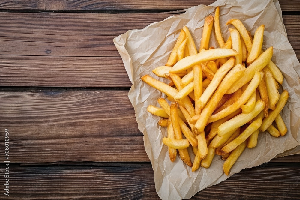 French fries on tracing paper on board on wooden table French fries on tracing paper on board on wooden table