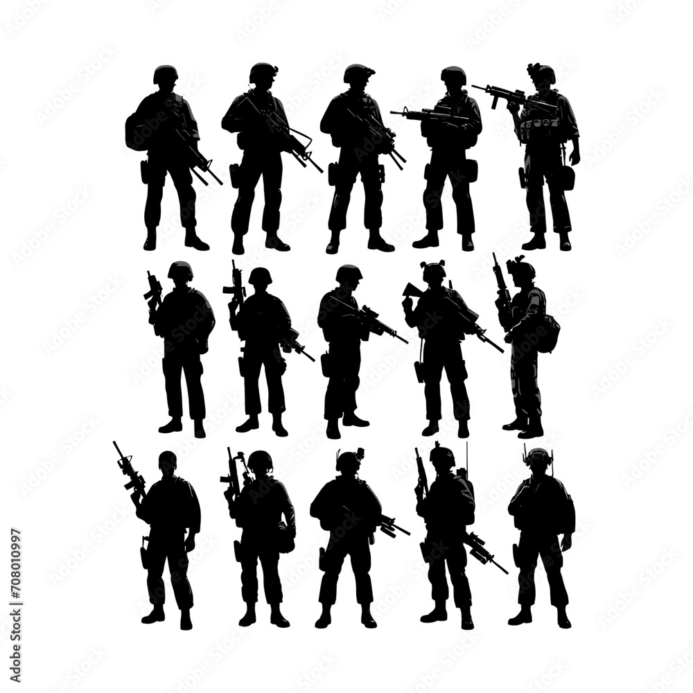 set of army soldier silhouette vector 