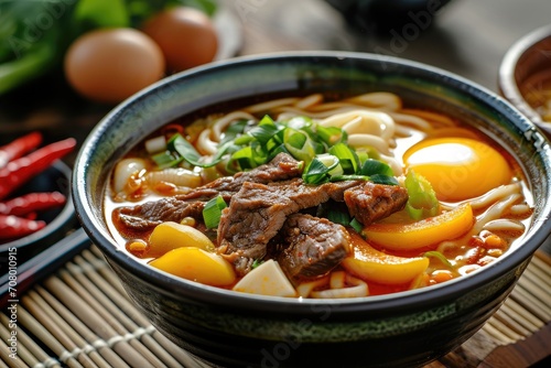 Curry soup with thick noodles, beef, egg, chili peppers served in a bowl. Chinese cuisine.