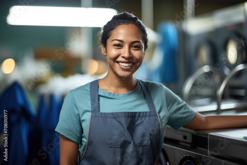 Portrait of a happy female worker in laundry service with industrial washing machines