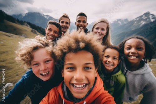 Group of happy children taking selfie on hike in the mountains © Geber86