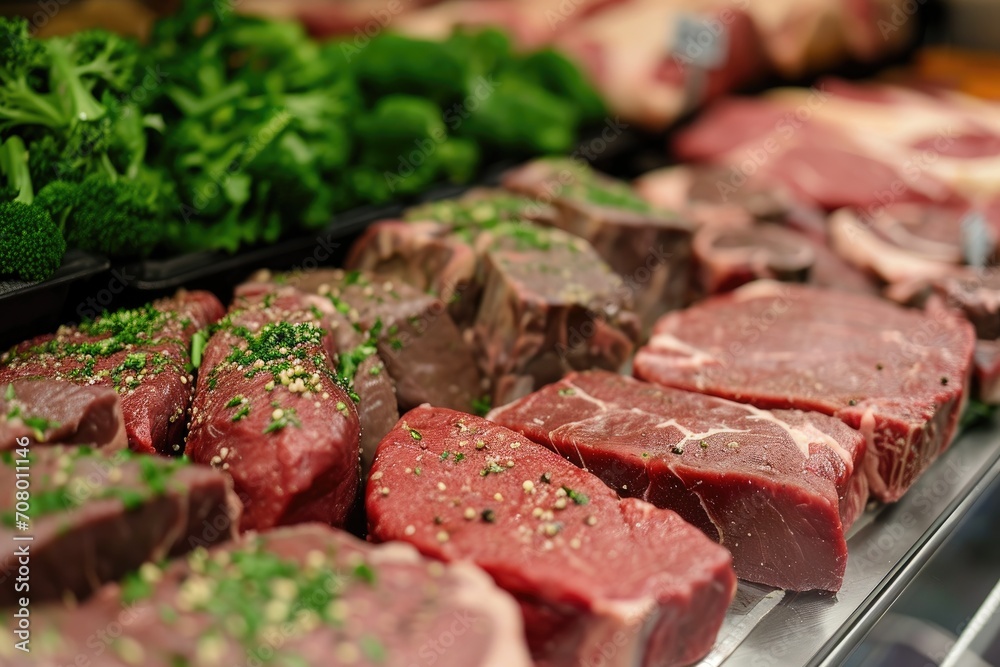 Raw fresh meat for steak perfectly arranged in a shop Raw fresh meat for steak perfectly arranged in a shop