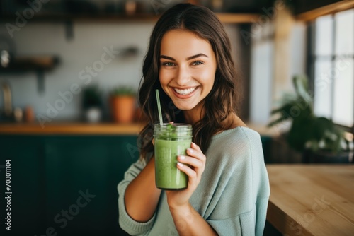 Smiling young woman holding a green smoothie photo