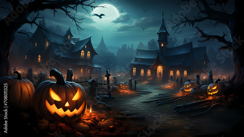 Spooky halloween cartoon pumpkin jack o lantern heads in front of a graveyard with spooky buildings in the background lit up by full moon. Generative AI