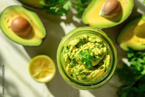 jar of delicious guacamole with avocados in the background