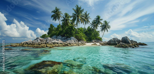 A panoramic view of a tropical island with white sandy beaches and palm trees