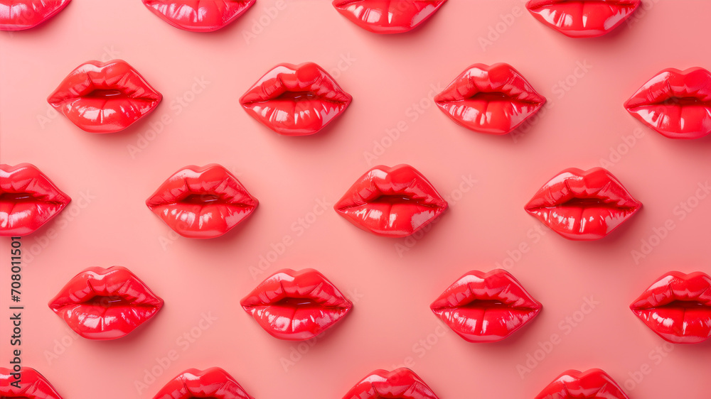 Red lips pattern on pink background, top view. Valentine's day concept - obrazy, fototapety, plakaty 