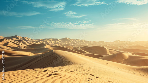 A panoramic view of a vast desert with towering sand dunes under a clear blue sky