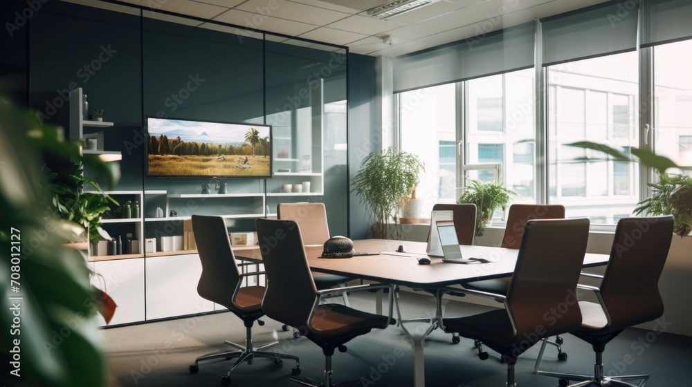Modern conference room with tables and chairs. AI generated