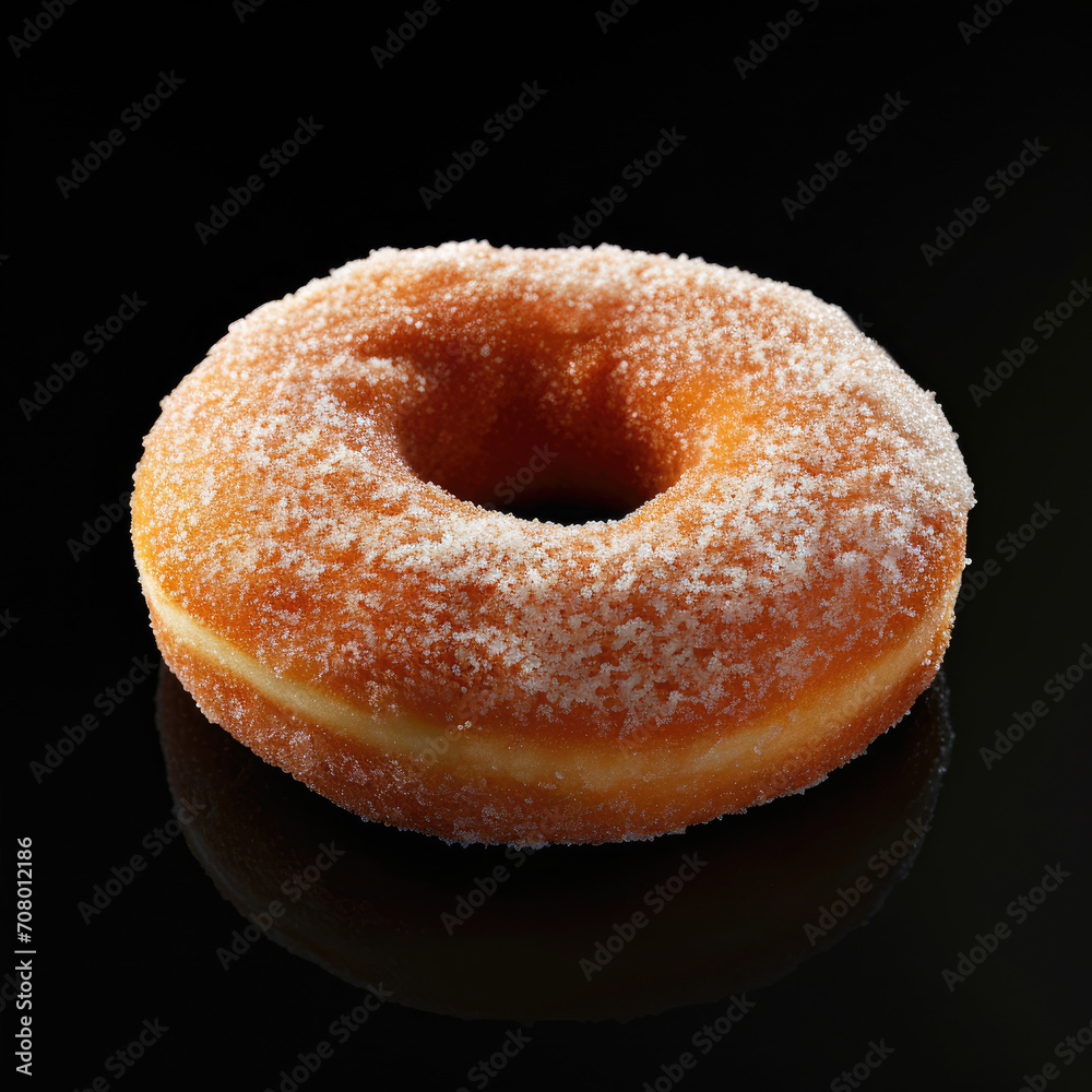 donut on a black background with reflection, closeup of photo donut on a black background with reflection, closeup of photo