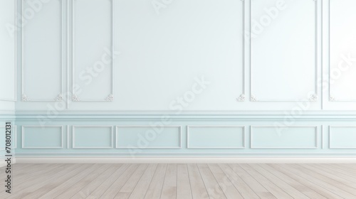 Classic interior with blue wall and wooden floor. AI generated