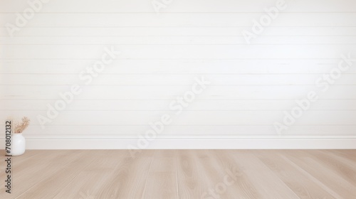 Empty room with white wooden wall and wooden floor. AI generated