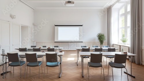 a modern conference room with white walls, a wooden floor and rows of chairs. AI generated