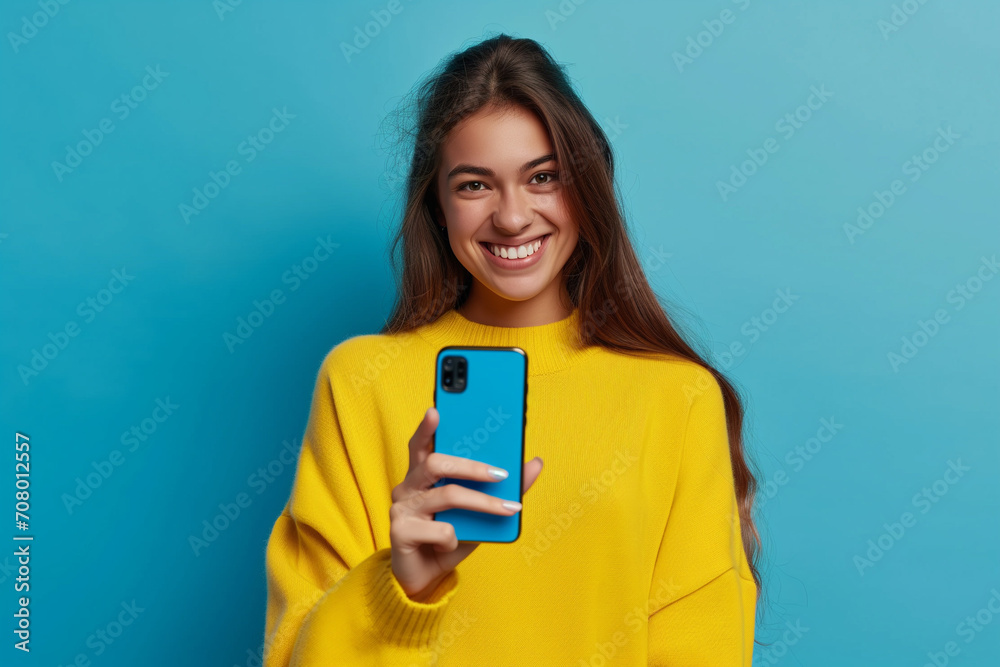 girl smiling with cell phone, raising a finger on blue background girl smiling with cell phone, raising a finger on blue background